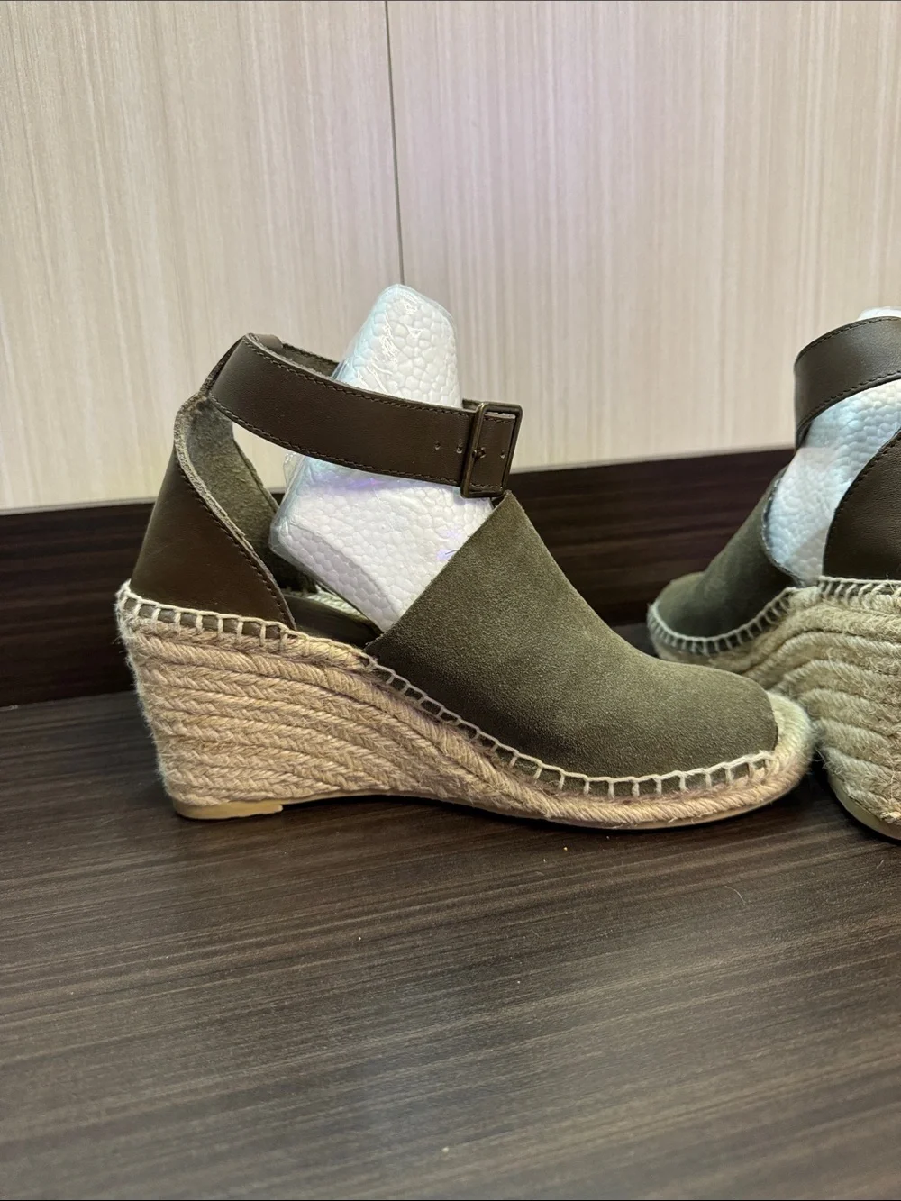 GAP Olive Green Suede Espadrille Wedge Sandals with Brown Ankle Strap - Picture 6 of 7